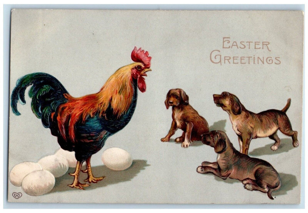 c1910's Easter Greetings Rooster Egg Puppy Hound Puppy Dog Embossed Postcard