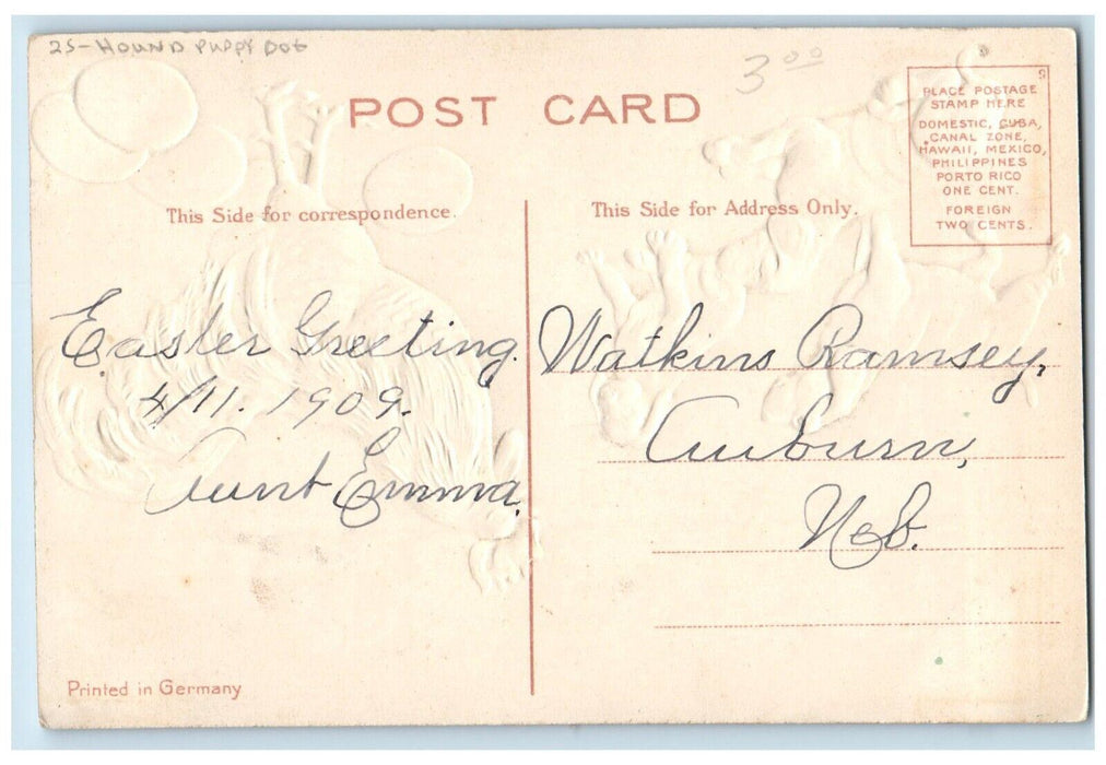 c1910's Easter Greetings Rooster Egg Puppy Hound Puppy Dog Embossed Postcard