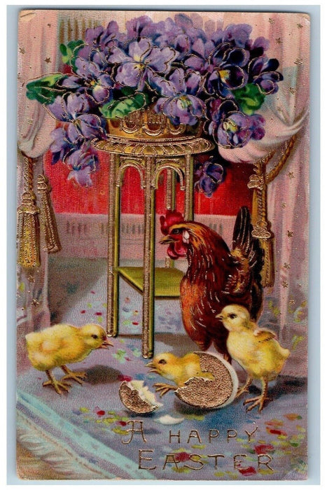 c1910's Easter Chicken Hen Chicks Pansies Flowers Gel Gold Gilt Antique Postcard