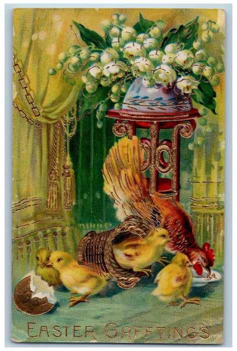 1912 Easter Greetings Chicken Hen Chicks Flowers Basket Gel Gold Gilt Postcard