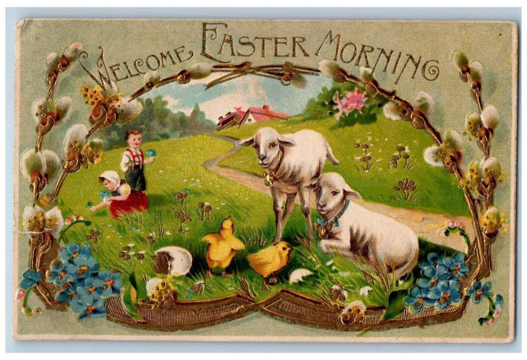 1909 Easter Children Hatched Egg Chicks Pansies Gel Gold Gilt Beloit WI Postcard