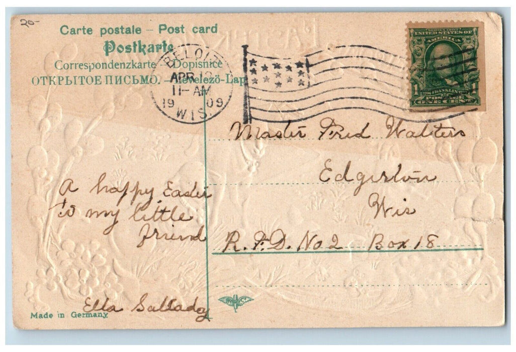 1909 Easter Children Hatched Egg Chicks Pansies Gel Gold Gilt Beloit WI Postcard