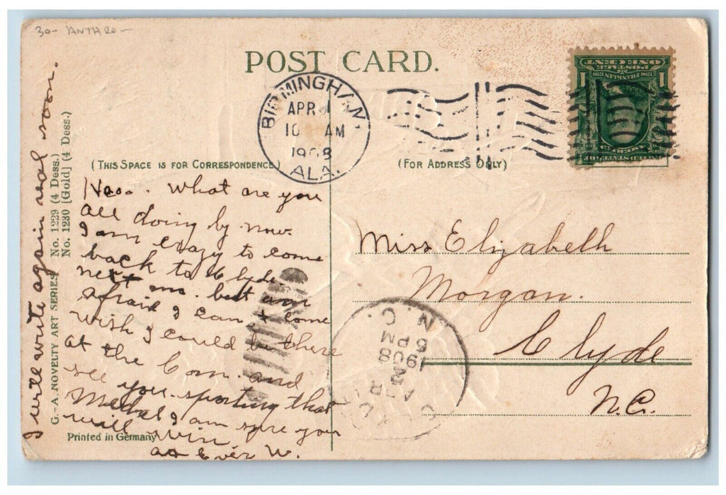 1908 Easter Greeting Anthropomorphic Rabbits Basket Eggs Birmingham AL Postcard