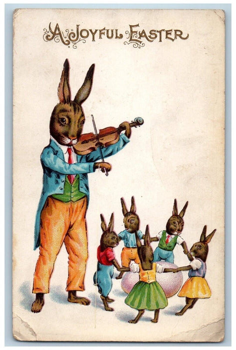c1910's Easter Anthropomorphic Rabbits Violin Bunnies Playing Eggs Postcard