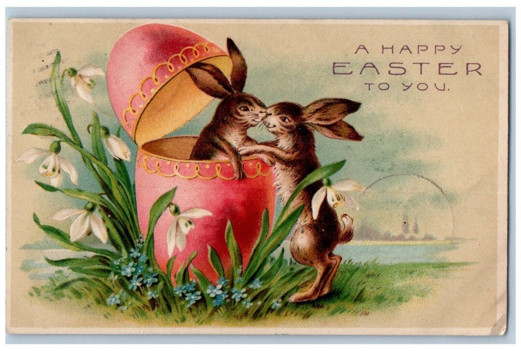 1907 Easter Sweet Rabbits In Egg Pansies Lilies Flowers Posted Antique Postcard