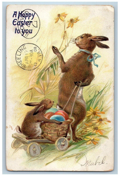 1908 Easter Anthropomorphic Rabbit Pulling Wagon Eggs Basket Tuck's Postcard