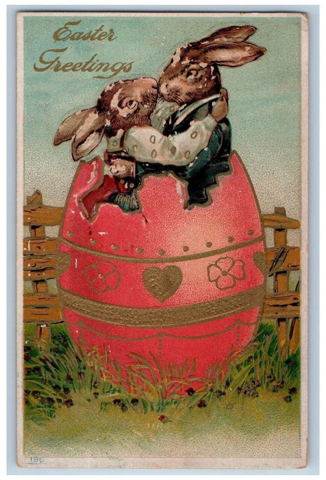 c1910's Easter Greetings Sweet Anthropomorphic Rabbit In Hatched Egg Postcard