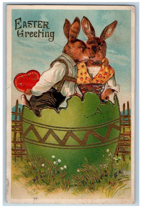 1910 Easter Greetings Couple Anthropomorphic Rabbit Hatched Egg Heart Postcard