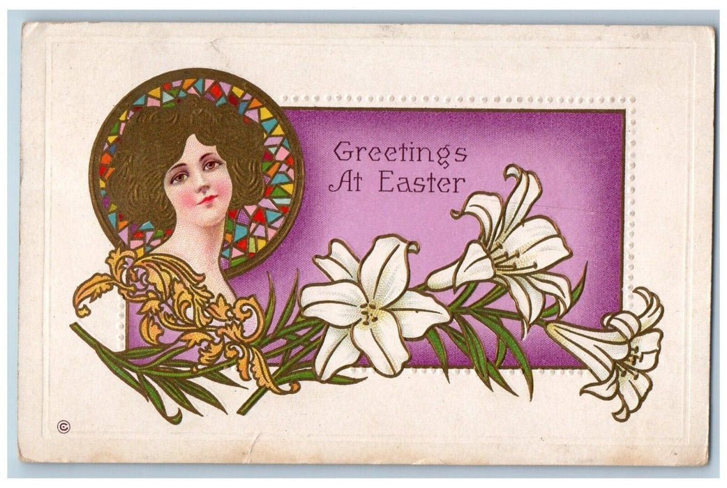 1914 Easter Greetings Pretty Girl Lilies Flowers Art Nouveau Embossed Postcard