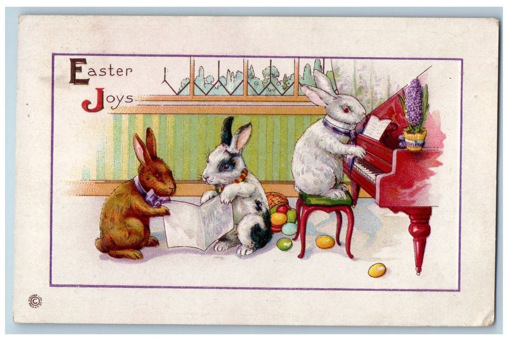 c1910's Easter Anthropomorphic Rabbits Playing Organ Eggs Embossed Postcard