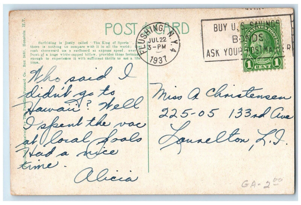 1937 Surf Riding Mountain Sea View At Waikiki Hawaii HI, Flushing NY Postcard
