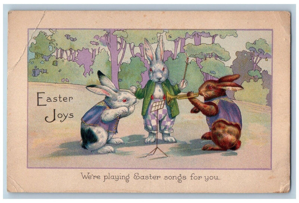Easter Anthropomorphic Rabbits Singing Trumpet Clarinet Antique Posted Postcard
