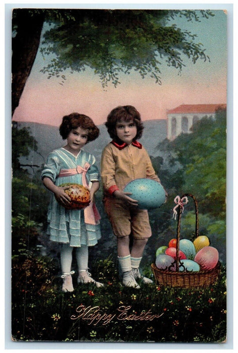 c1910's Happy Easter Children Collecting Eggs Basket Gel Antique Postcard