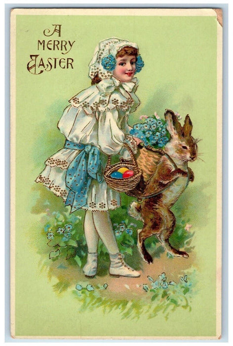 c1910's Easter Pretty Girl Rabbit Basket Of Pansies Eggs Gel Gold Gilt Postcard