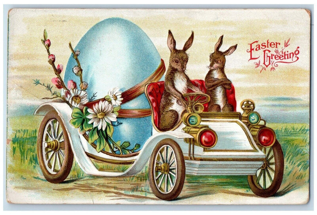 1912 Easter Greeting Anthropomorphic Rabbit Driving Car Egg Flowers Postcard
