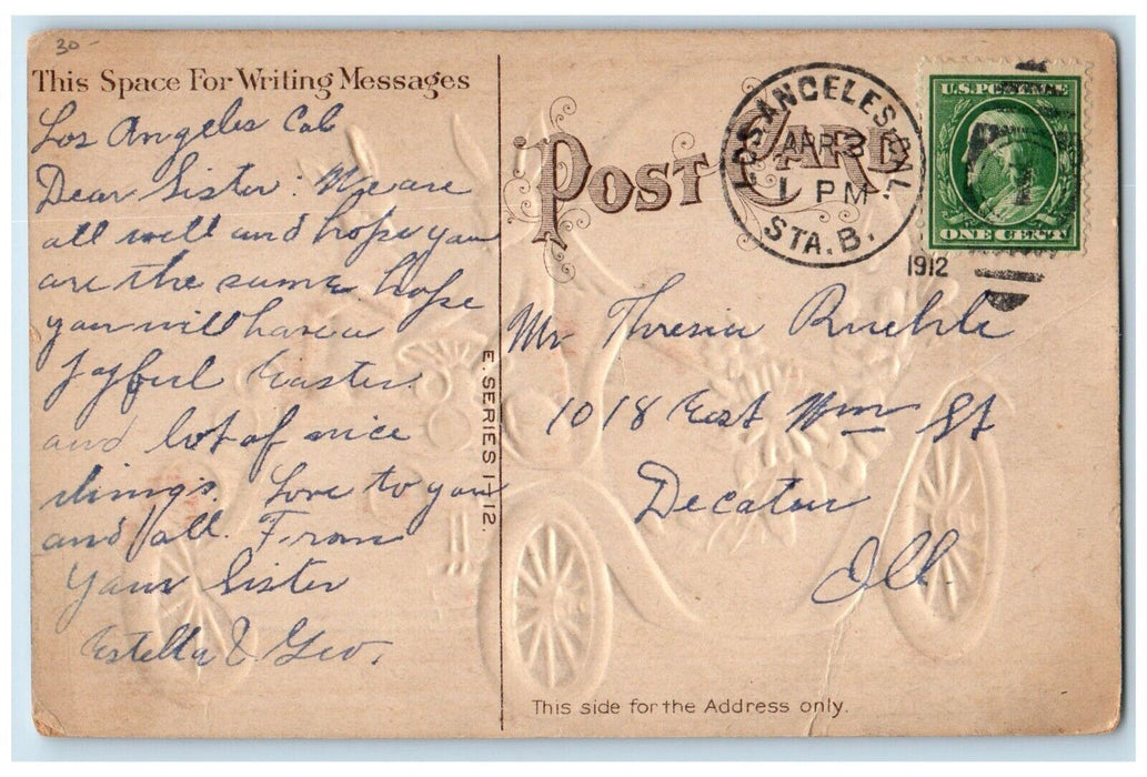 1912 Easter Greeting Anthropomorphic Rabbit Driving Car Egg Flowers Postcard