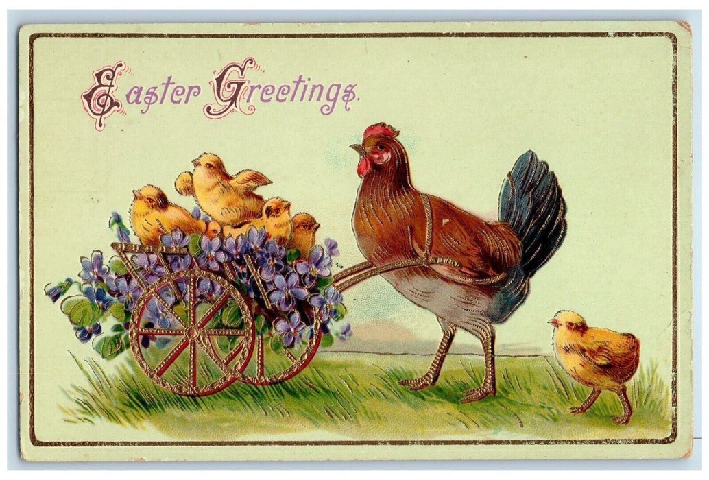 Easter Greeting Chicken Hen Pushing Cart Pansies Chicks Gel Gold Gilt Postcard