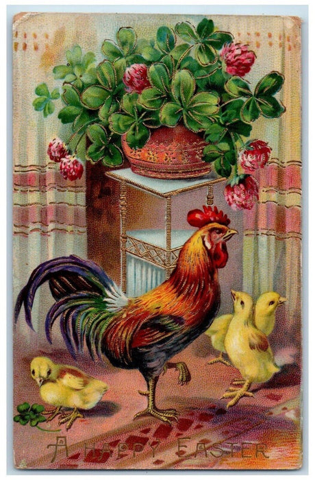 1913 Easter Rooster Chicks Clover Gel Gold Gilt Embossed Olney IL Postcard