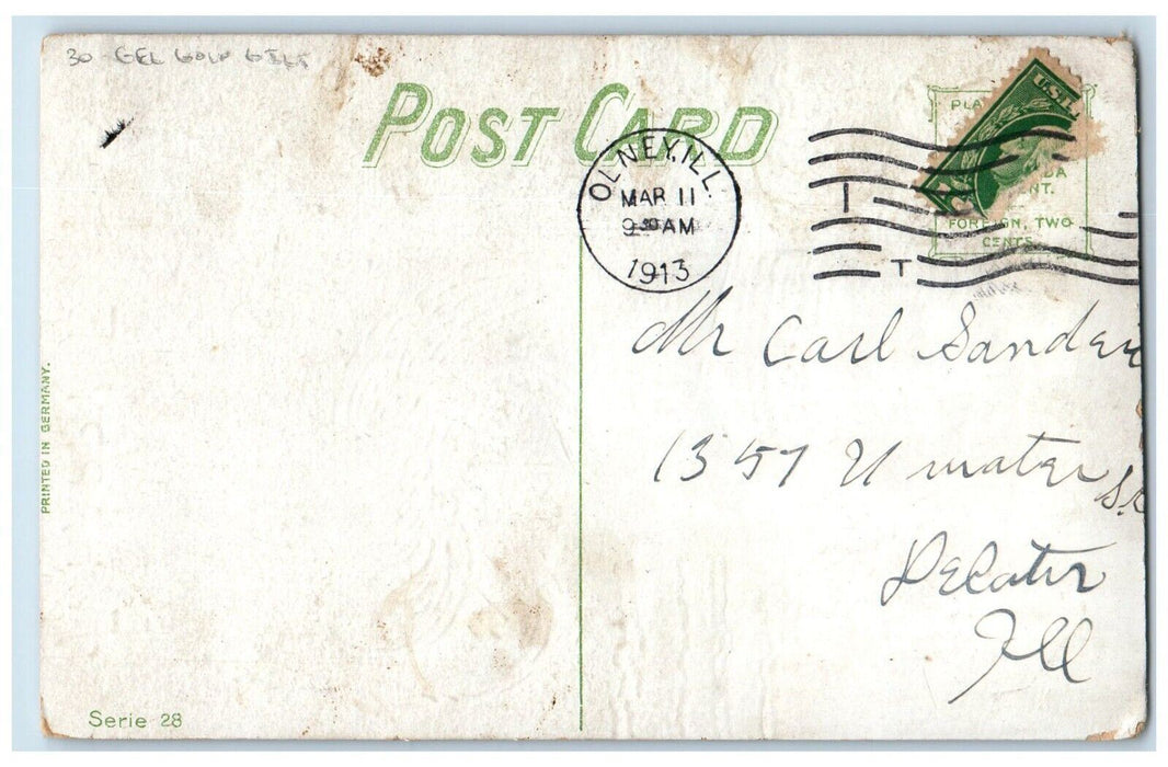 1913 Easter Rooster Chicks Clover Gel Gold Gilt Embossed Olney IL Postcard