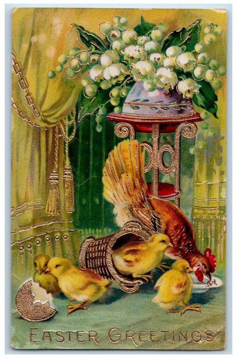 1913 Easter Greetings Chicken Hen Chicks Eating Gel Gold Gilt Embossed Postcard