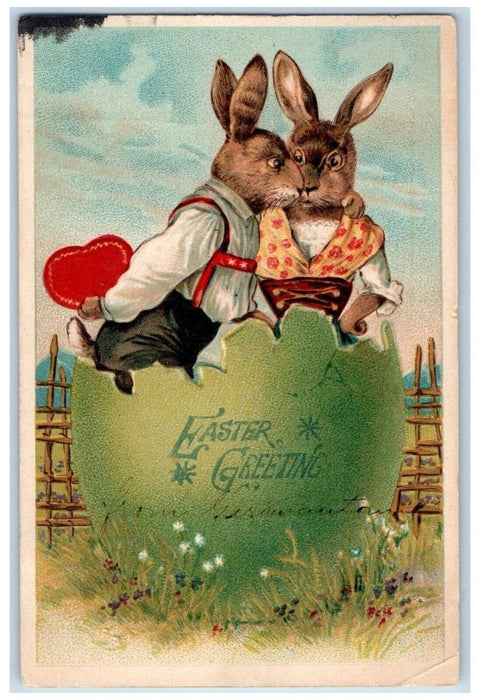 1909 Easter Greetings Valentine Anthropomorphic Rabbit Heart Embossed Postcard