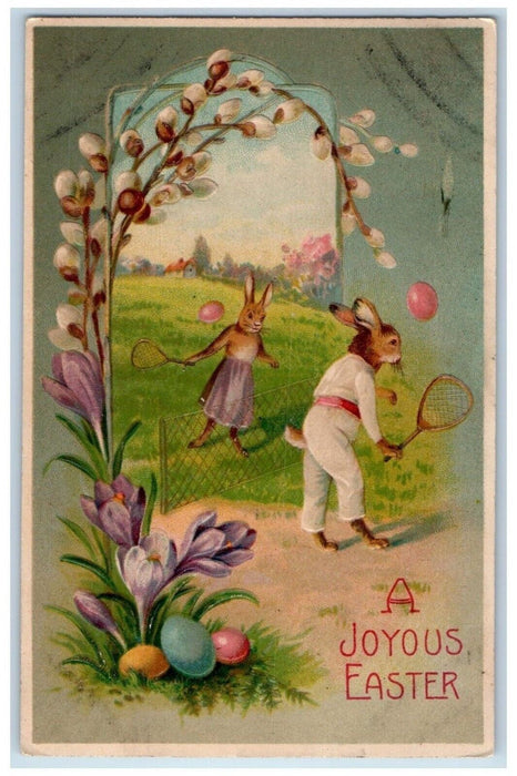 1908 Easter Anthropomorphic Rabbit Tennis Badminton Flowers Embossed Postcard