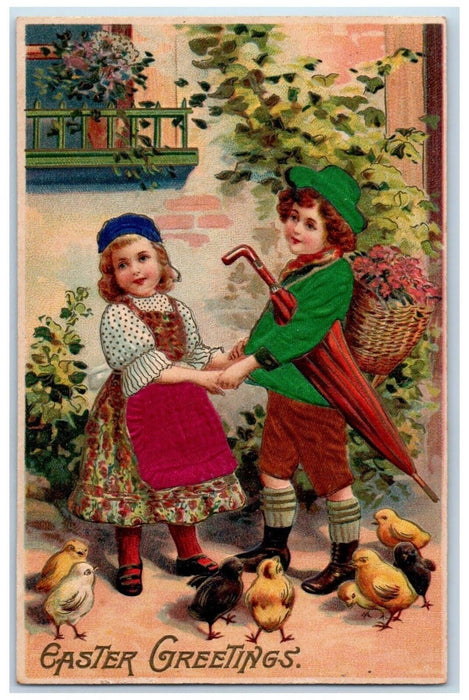 Easter Greetings Children Holding Hands Umbrella Pansies Chicks Silk Postcard