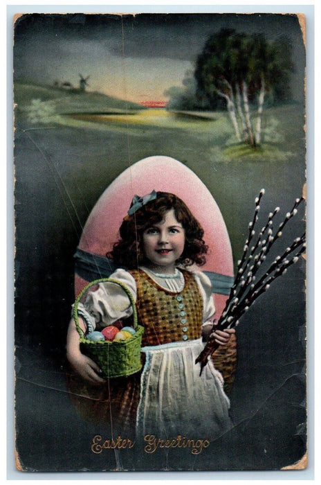1916 Easter Greetings Pretty Girl Giant Egg Windmill Valois NY Antique Postcard