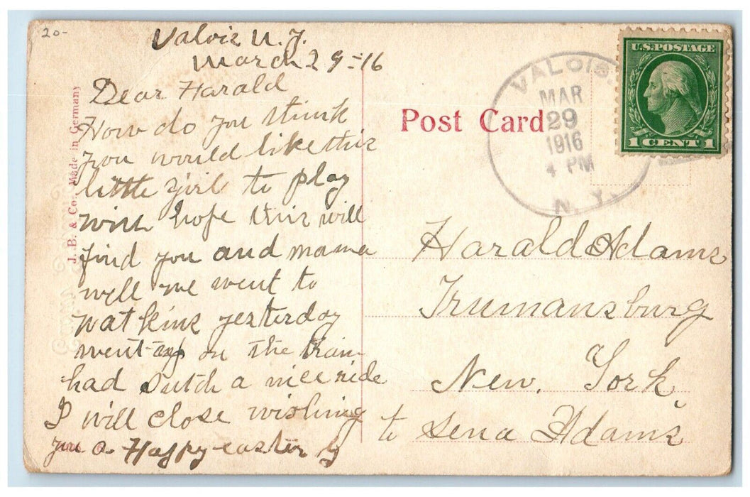1916 Easter Greetings Pretty Girl Giant Egg Windmill Valois NY Antique Postcard