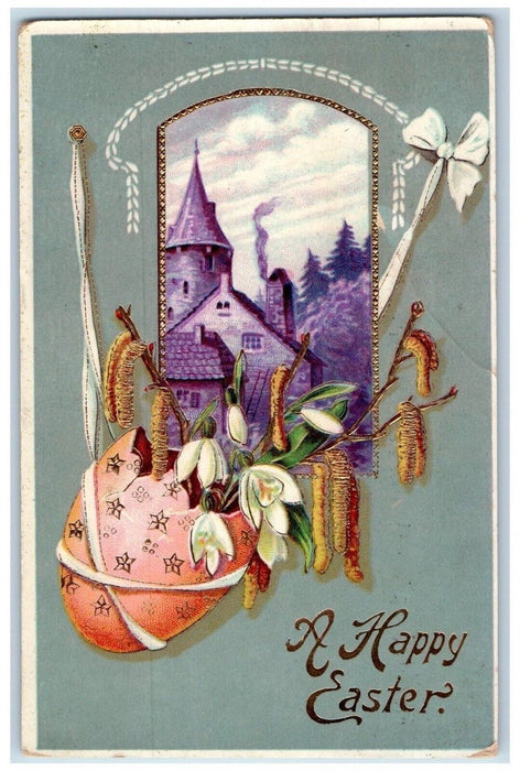Easter Hatched Egg Cattails Lilies Flowers House Church Gel Gold Gilt Postcard