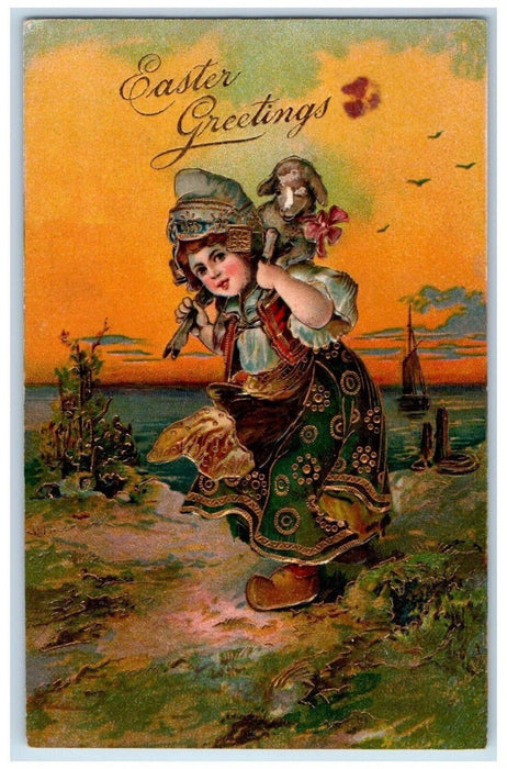 c1910's Easter Greetings Dutch Girl Carrying Lamb Boat Embossed Antique Postcard