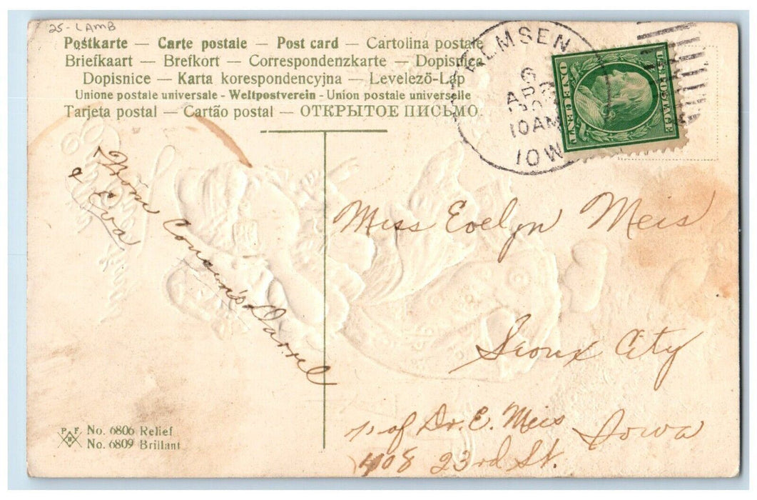 c1910's Easter Greetings Dutch Girl Carrying Lamb Boat Embossed Antique Postcard