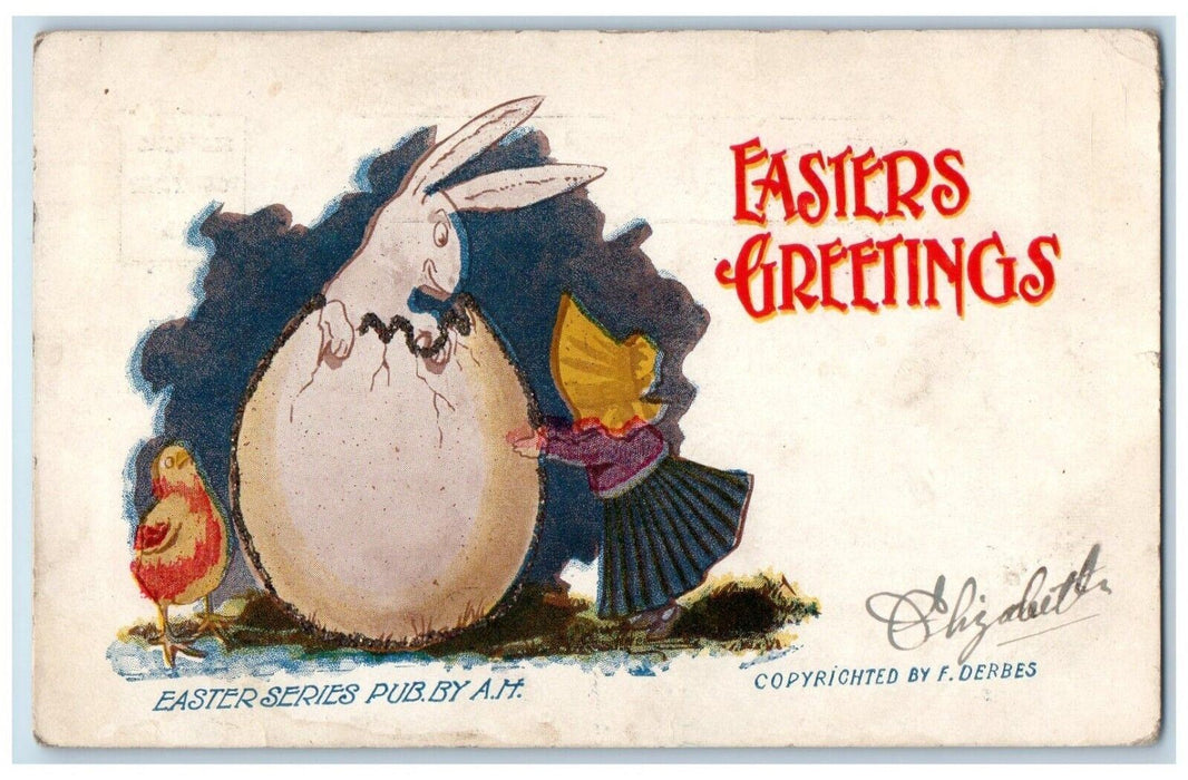 1907 Easter Greetings Girl Egg Holding Hatched Rabbit Chick Antique Postcard