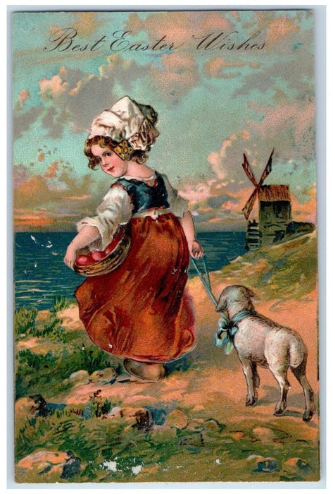 c1910's Easter Wishes Pretty Girl Eggs Basket Lamb Windmill Embossed Postcard