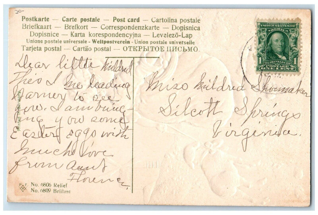 c1910's Easter Wishes Pretty Girl Eggs Basket Lamb Windmill Embossed Postcard