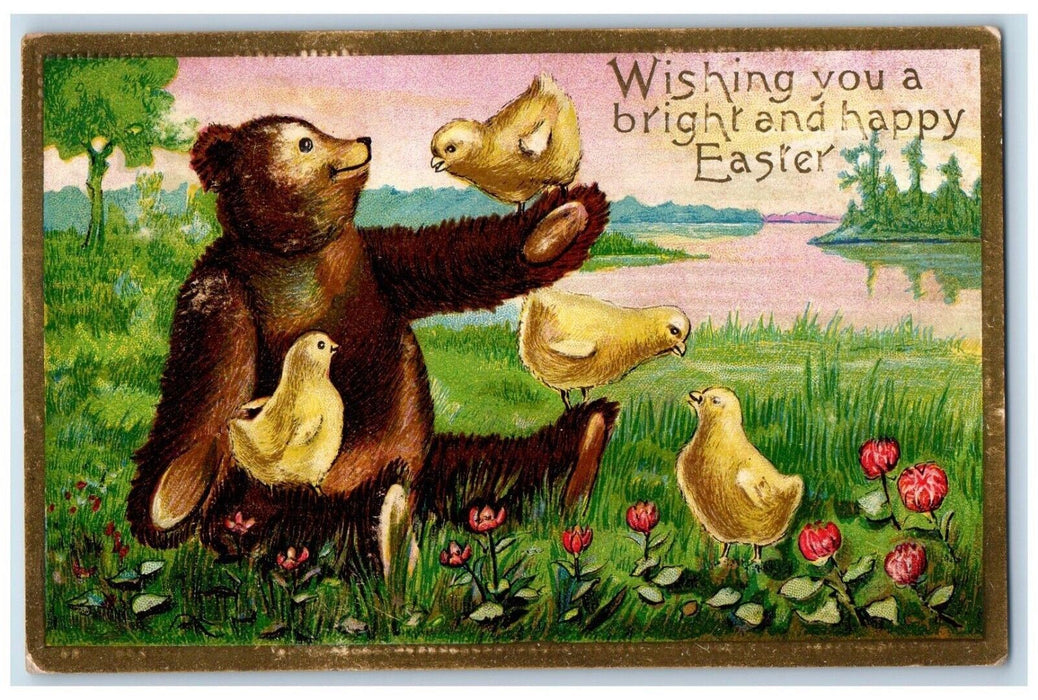 1908 Easter Brown Bear Chicks Flowers Embossed Keyser Iowa IA Antique Postcard