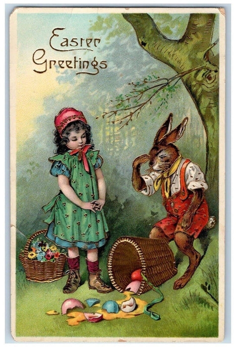 Easter Girl Anthropomorphic Rabbit Shattered Eggs Fells Gel Gold Gilt Postcard