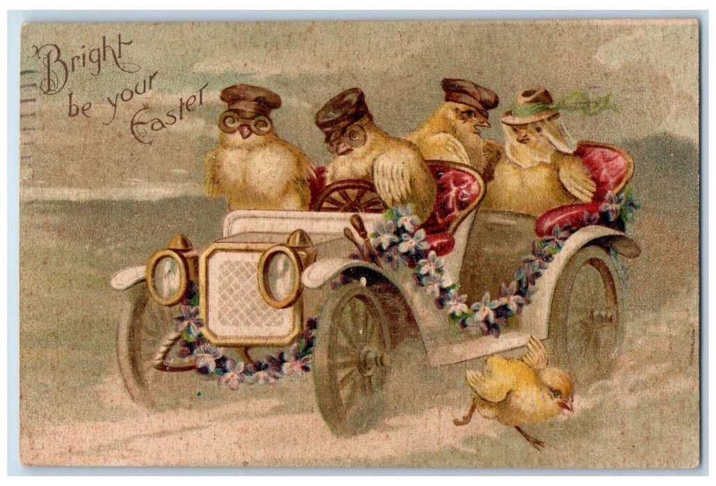 1908 Easter Anthropomorphic Chicks Driving Car Flowers Clapsaddle Postcard