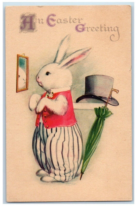 Easter Greetings Anthropomorphic Rabbit Mirror Hat Umbrella Wolf Posted Postcard