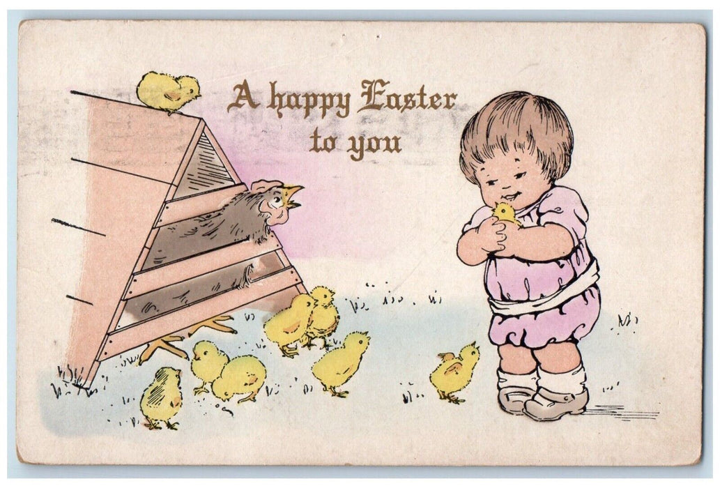 1915 Happy Easter Little Girl Angry Chicken Hen Chicks Dekalb IL Posted Postcard