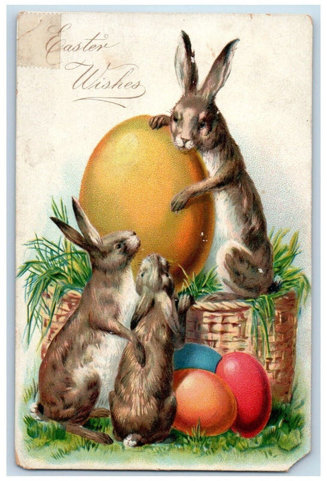 c1905 Easter Wishes Bunny Rabbit Eggs Basket Tuck's Embossed Antique Postcard