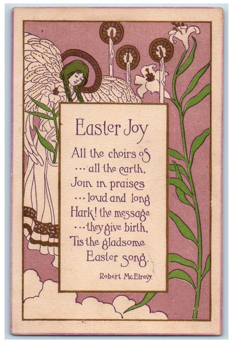 1916 Easter Joy Arts Crafts Angel Lilies Flowers Leland Illinois IL Postcard