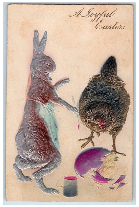 c1910's Easter Anthropomorphic Rabbit Chicken Hen Hatched Egg Chick Postcard