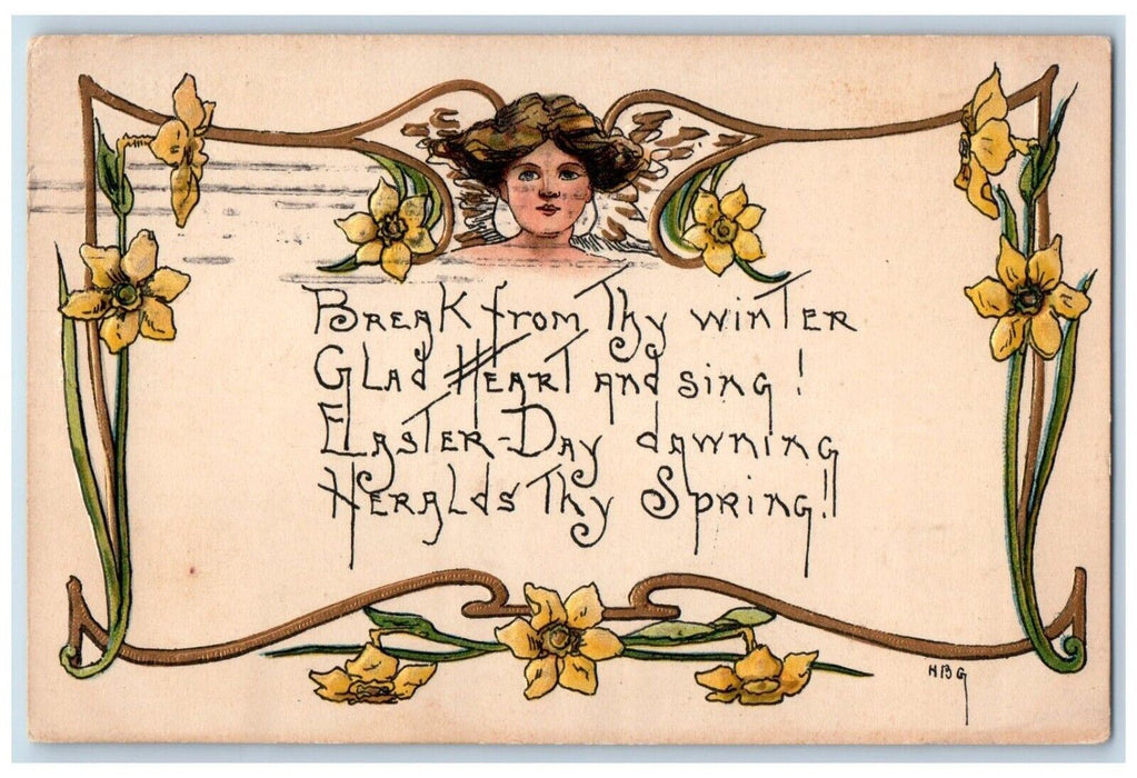1909 Easter Boy Head Yellow Lilies Flowers Embossed Posted Antique HBG Postcard