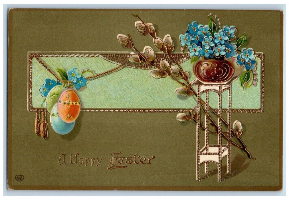 c1910's Easter Hanging Eggs Pansies Flowers Gel Gold Gilt Embossed Postcard