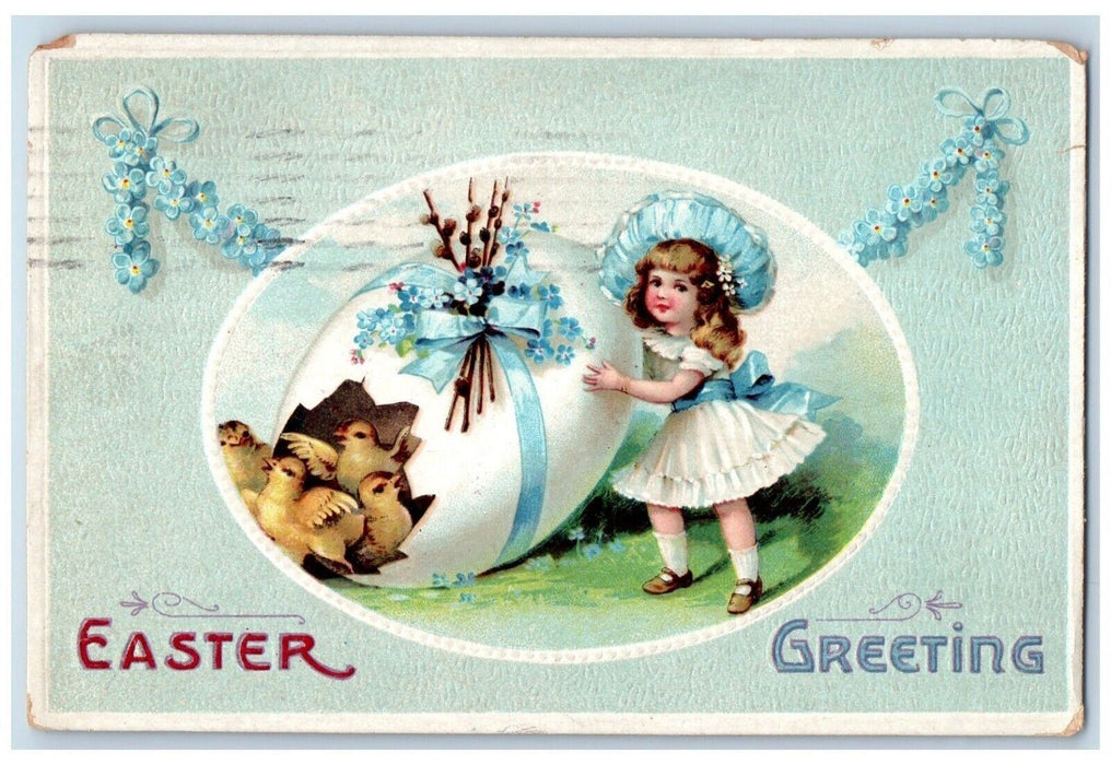 1911 Easter Greetings Girl Giant Egg Hatched Chicks Pansies Clapsaddle Postcard