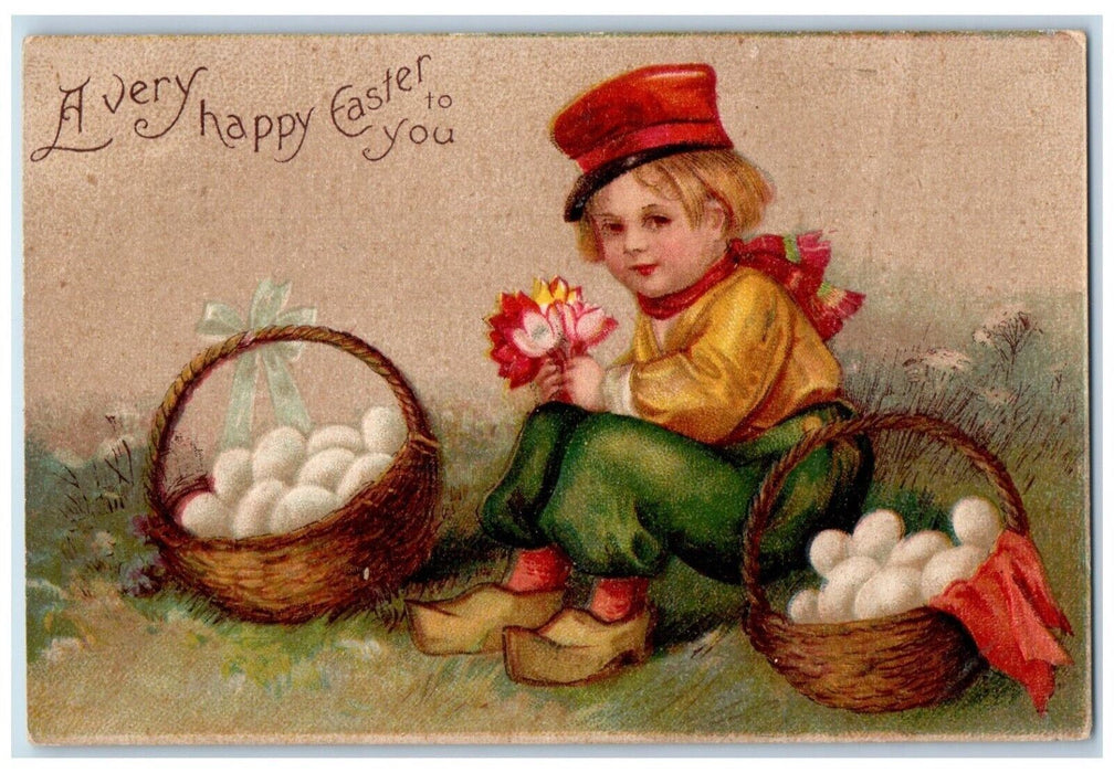 1908 Happy Easter Dutch Boy Basket Of Eggs Flowers Rochester NY Antique Postcard