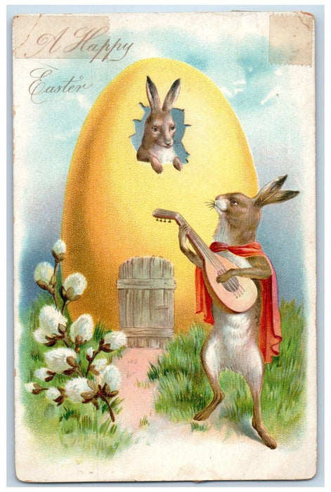 Easter Anthropomorphic Rabbit Serenade Hatched Egg Embossed Tuck's Postcard