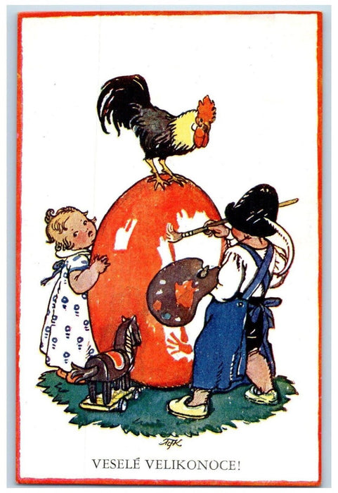 c1910's Easter Children Painting Giant Egg Rooster Chicken Antique Postcard