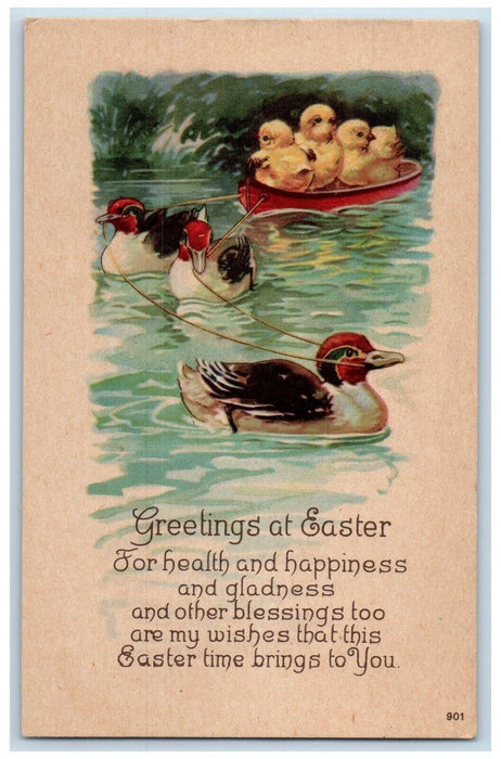 c1910's Easter Greetings Mallard Duck Pulling Boat Chicks Antique Postcard